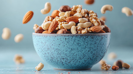 Assorted nuts gracefully floating above a light blue bowl, captured midair with a pastel background, creating a playful and fresh sceneの素材
