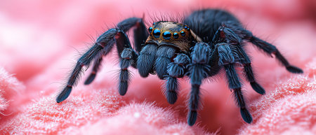 A closeup of a black tarantula on a pink background, striking contrast, macro shotの素材