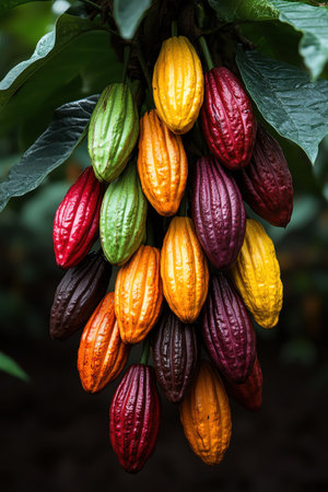 Cacao pods in various stages of ripeness hanging from a tree, showcasing rich colors and texturesの素材