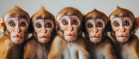 A group of monkeys posing against a white background, each with unique expressions, closeupの素材
