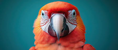 Closeup of a bright red parrot against a solid blue background, sharp detailsの素材