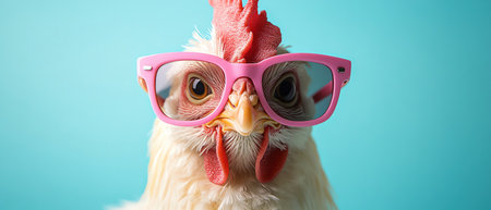Chicken wearing stylish pink sunglasses, looking cool and confident against a teal backgroundの素材