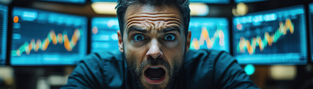 A frustrated businessman yelling in front of multiple monitors displaying fluctuating stock chartsの素材