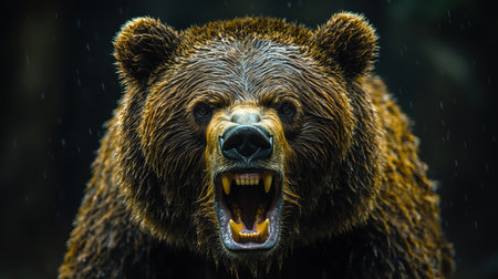 A snarling bear with bared teeth, dark background, intense and fierce expressionの素材