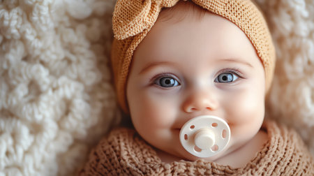 Closeup of a smiling baby with a pacifier and a headband, soft focus, warm and cozyの素材