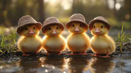 Adorable ducklings wearing hats, standing in a row by a pond, soft morning lightの素材