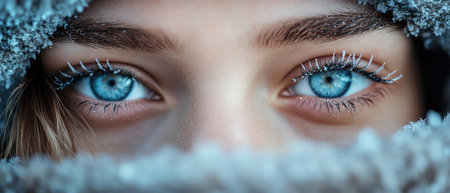Closeup of a person with frostcovered hood and icy lashes, their bright eyes piercing through the coldの素材