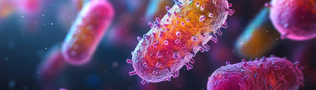 Colorful bacteria closeup A vivid closeup of multicolored bacteria floating against a dark background, highlighting microscopic lifeの素材