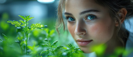 Scientist examining a small plant specimen in a laboratory, intense focus with glowing plants aroundの素材