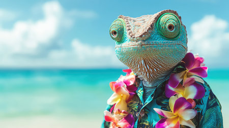 Chameleon wearing a Hawaiian shirt and floral lei, standing on a tropical beach with turquoise watersの素材