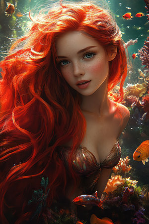 Mermaid with flowing red hair, swimming gracefully in a colorful underwater worldの素材