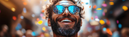 Joyful man at a colorful street festival, smiling with confetti in the air, vibrant energy and celebrationの素材
