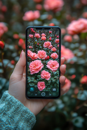 Hand holding a smartphone, screen displaying vibrant pink rosesの素材