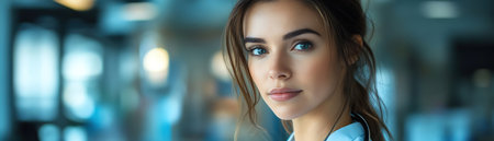 Portrait of a focused female doctor with a stethoscope, in soft natural lightの素材