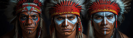 Three Native American warriors in traditional headdresses and face paint, intense studio portraitの素材