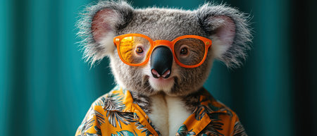Koala in a floral Hawaiian shirt and orange glasses, looking cool against a teal backgroundの素材