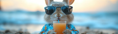 Rabbit wearing sunglasses and a Hawaiian shirt, enjoying ice cream on a beach, with Easter eggs nearbyの素材