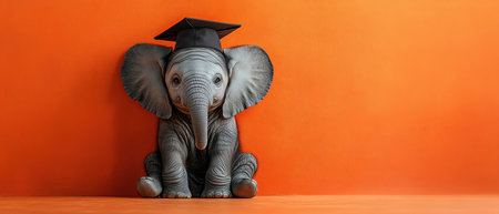 Adorable baby elephant wearing a graduation cap, sitting against a bright orange wallの素材