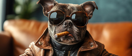 Dog in sunglasses and leather jacket, cigar in mouth, retro styleの素材