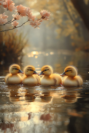 Five cute ducklings paddling in a calm pond, reflecting the beauty of natureの素材