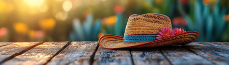 Vibrant sombrero resting on a rustic wooden table, blurred cacti in the backgroundの素材
