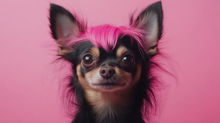 Chihuahua with pink hair styled in a punk fashion, set against a matching pink backgroundの素材