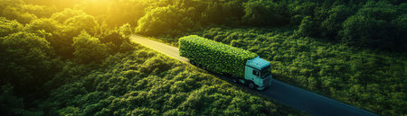 A truck completely covered in vibrant green foliage driving through a lush field under a bright, clear skyの素材