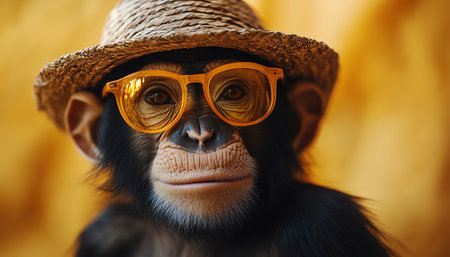 Chimpanzee wearing a straw hat and yellow sunglasses, orange backgroundの素材