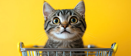 Surprised cat in a shopping cart against a bright yellow backgroundの素材