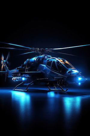 Futuristic combat helicopter with glowing blue lights, sleek design, side view, bright studio lighting, hightech detailの素材