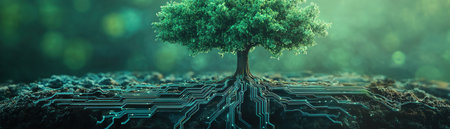 Circuit board tree with roots, blending nature and technologyの素材