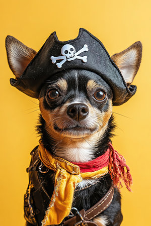 Small dog dressed as a pirate against a matching yellow backgroundの素材