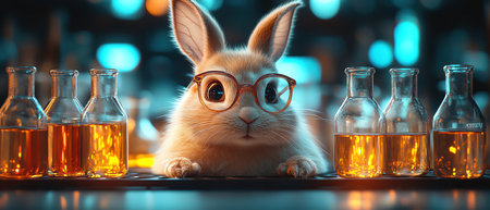 White rabbit wearing glasses, surrounded by beakers with vibrant liquids, playful and scientificの素材