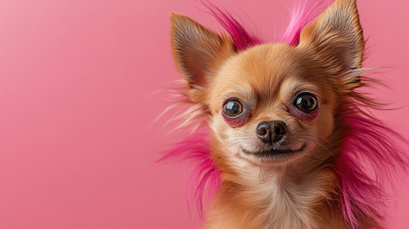 Chihuahua with pink hair styled in a punk fashion, set against a matching pink backgroundの素材