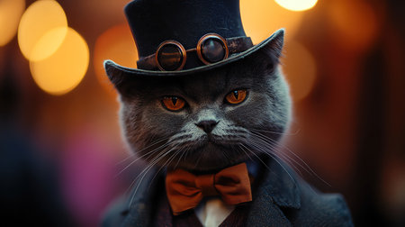 Grumpy gray cat dressed in a top hat and bow tie, purple backdropの素材
