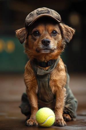 Small dog wearing a cap, sitting by a tennis ball on an empty courtの素材