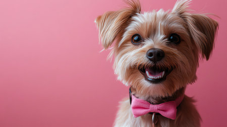 Smiling dog with a pink bow and collar, styled hair against a pink backgroundの素材