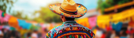 Young man wearing traditional Mexican attire, standing amidst a colorful festivalの素材