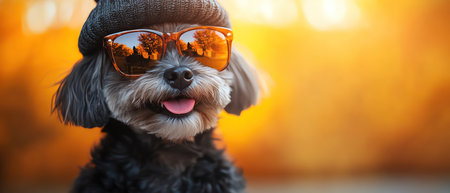 Dog wearing a Halloweenthemed hat and sunglasses, bold orange backgroundの素材