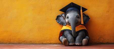 Adorable baby elephant wearing a graduation cap, sitting against a bright orange wallの素材