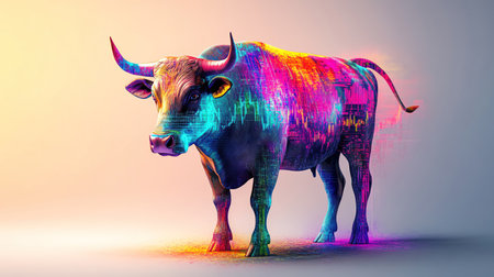 Majestic bull with stock market graphs and vibrant colors overlayed on its body, standing against a light gradient backgroundの素材