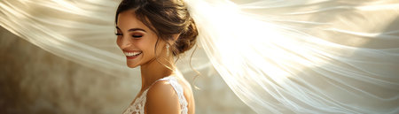 Laughing bride with flowing veil, joyful and radiantの素材