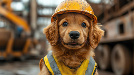Adorable puppy wearing a construction helmet and safety vest, sitting on a bustling construction siteの素材