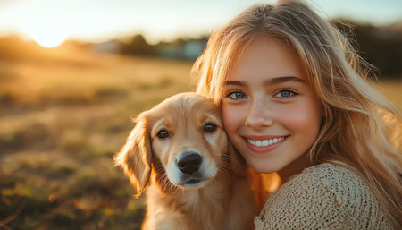 Happy girl and her puppy enjoying the sun on a grassy fieldの素材