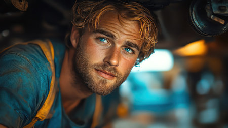 Mechanic working under a car, focused expression, industrial workshop lightingの素材