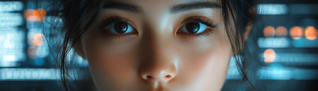 Confident woman in front of data charts, focused and determinedの素材