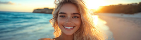 Smiling woman with blonde hair, taking a selfie on a tropical beach at sunsetの素材