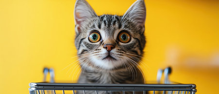 Surprised cat in a shopping cart against a bright yellow backgroundの素材