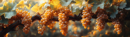 Golden grapes hanging from vines, bathed in warm evening sunlightの素材