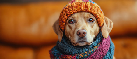 Labrador wearing a colorful beret and scarf, against an orange backgroundの素材
